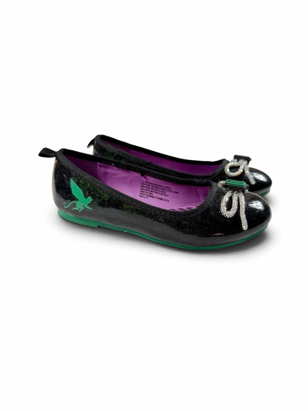 Wicked Girls Ground Up Glitter Ballet Flats Black Green Rhinestone Bow Size 13